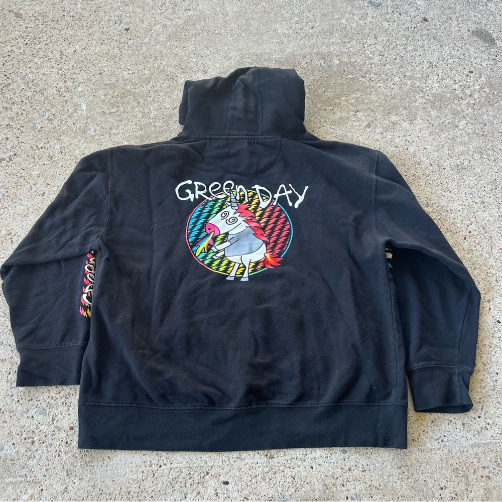 Y2K Green Day Rainbow Unicorn Sweatshirt Hoodie Size XL Sleeve Hits Spellout